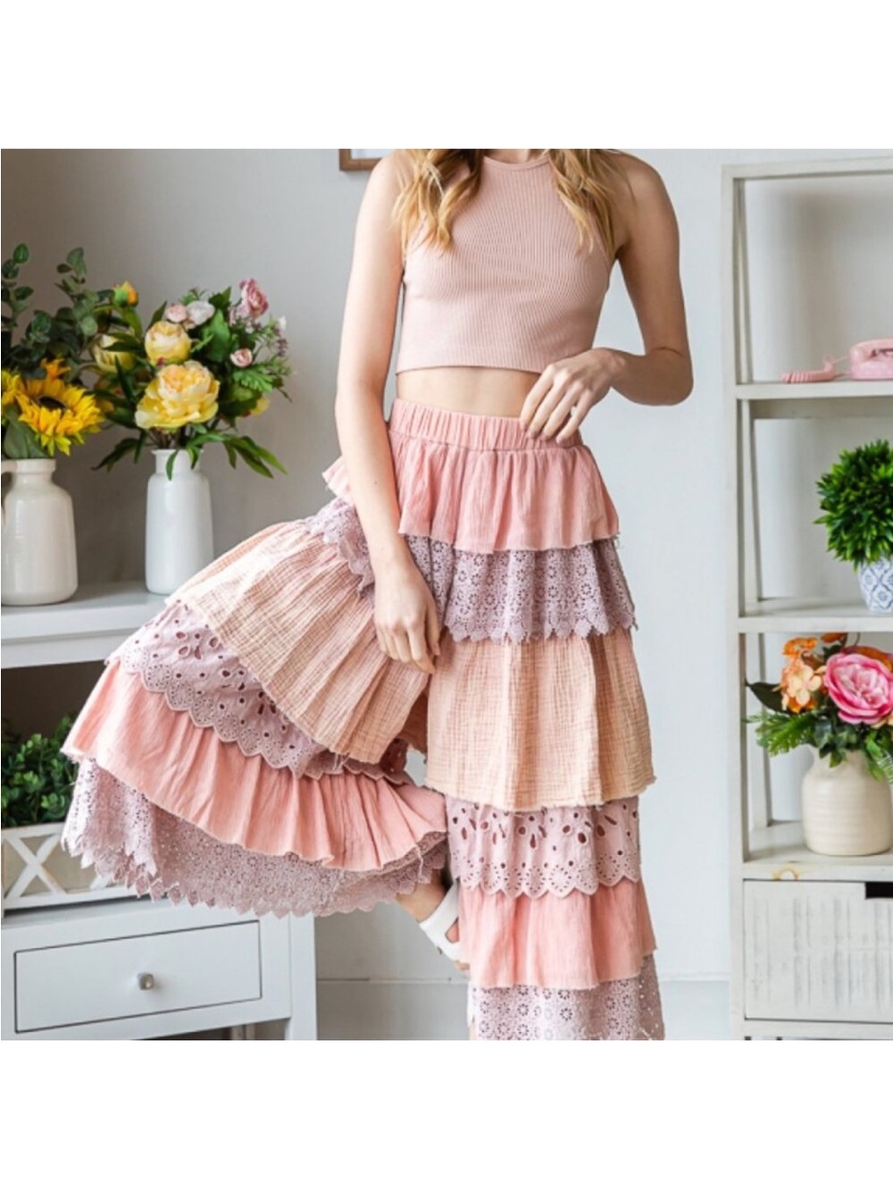 Oli & Hali Pink Tiered Eyelet Wide-Leg Ruffle Pants